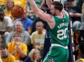 Gordon Hayward from the Boston Celtics finishes a dunk during a Game 4 victory over the Indiana Pacers in the 2019 NBA Playoffs. (Image: Matt Kryger/IndyStar)