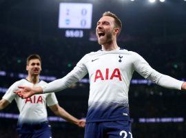 Tottenham midfielder Christian Eriksen celebrates after scoring against Brighton last Tuesday. (Image: Clive Rose/Getty)