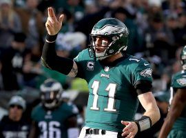 Eagles QB Carson Wentz celebrates a touchdown strike in Philadelphia. (Image: Elsa/Getty)