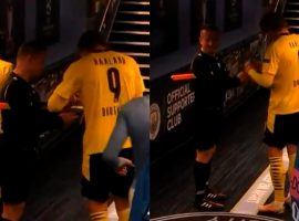Erling Haaland signing Sovre's cards after Man City - Dortmund in the Champions League | Photo: BT Sport