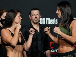 Mackenzie Dern (left) will take on Marina Rodriguez (right) on Saturday, in a battle of women with their eyes on the strawweight title. (Image: Getty)